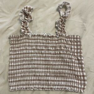 Scrunched tan and white patterned crop top